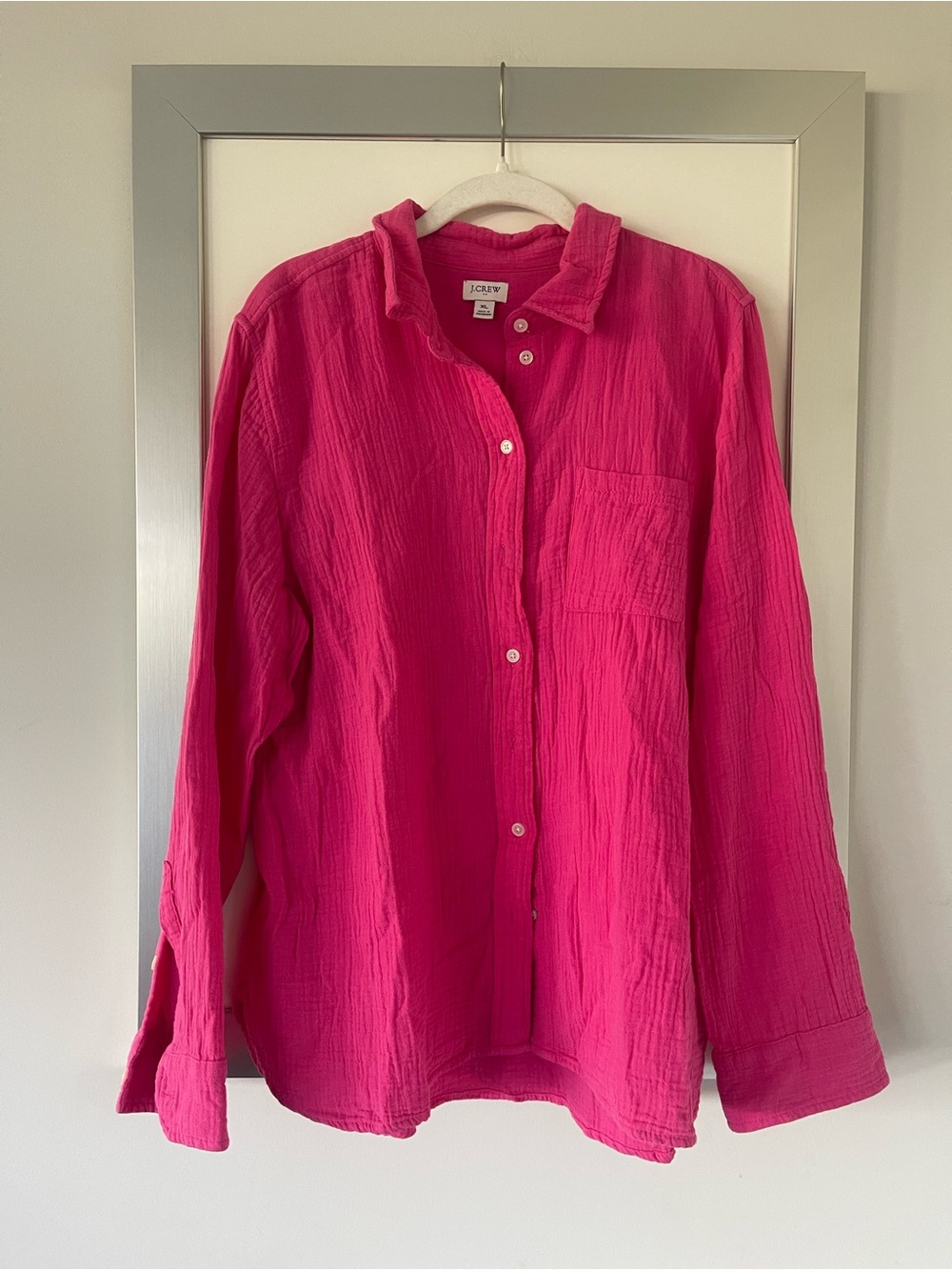 J. Crew Factory Gauze-Button-Up Shirt in fuchsia pink.